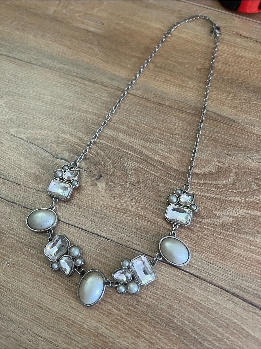 Silver Tone Faux Pearl Rhinestone Statement Necklace Clear Crystal Bib vintage